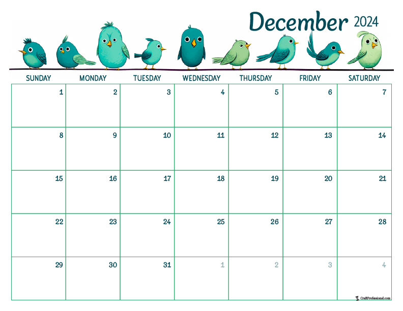 December 2024 printable calendar with blue birds design