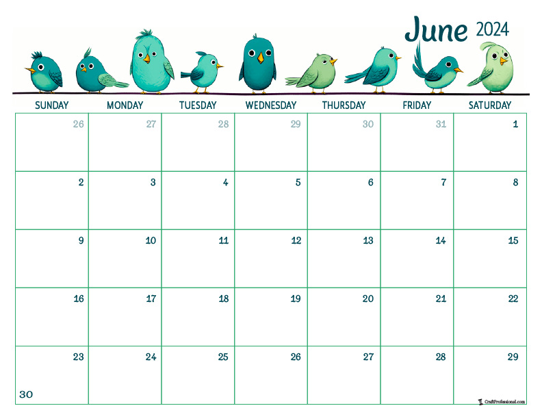 June 2024 printable calendar with blue birds design