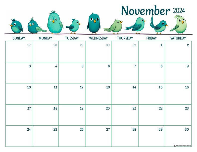 November 2024 printable calendar with blue birds design