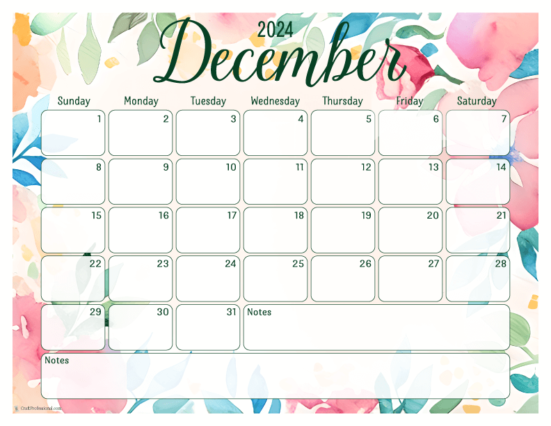 December 2024 printable calendar with floral design