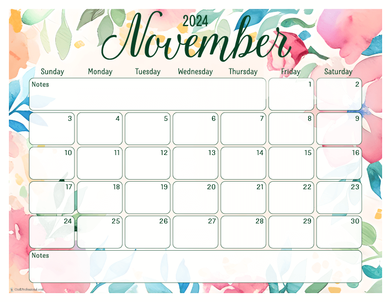 November 2024 printable calendar with floral design