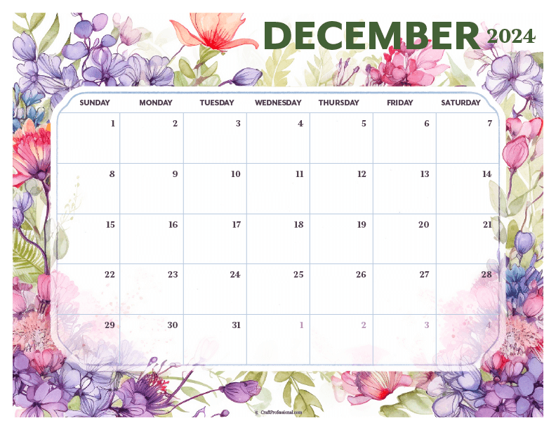 December floral printable 2024 calendar