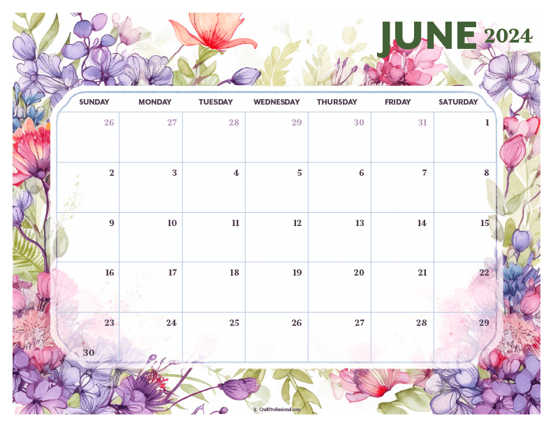 June printable calendar floral design