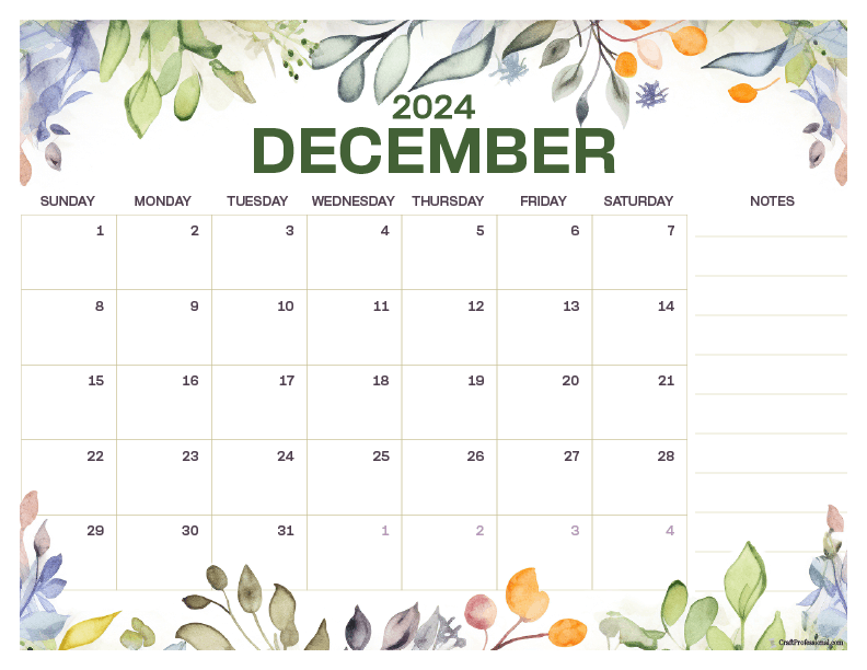 December 2024 printable calendar, floral design with space for notes