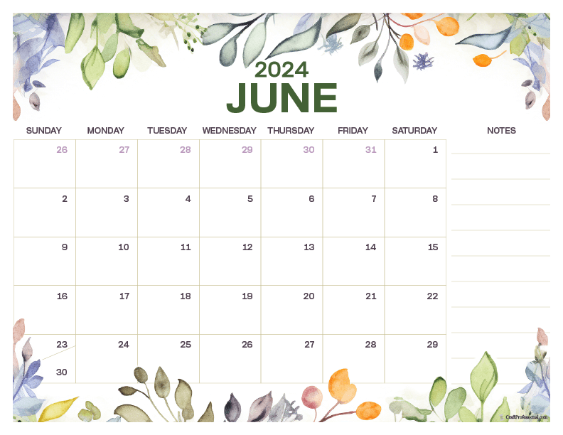 June 2024 printable calendar, floral design with space for notes