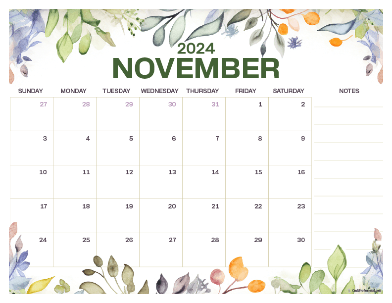 November 2024 printable calendar, floral design with space for notes