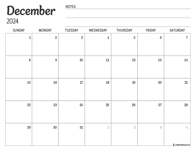 Blank printable calendar for December 2024