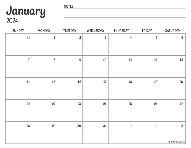 Free Printable January Calendars to Kickstart 2024