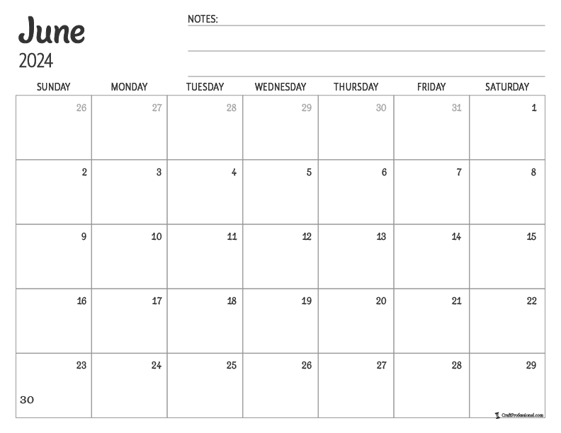 Blank printable calendar for June 2024