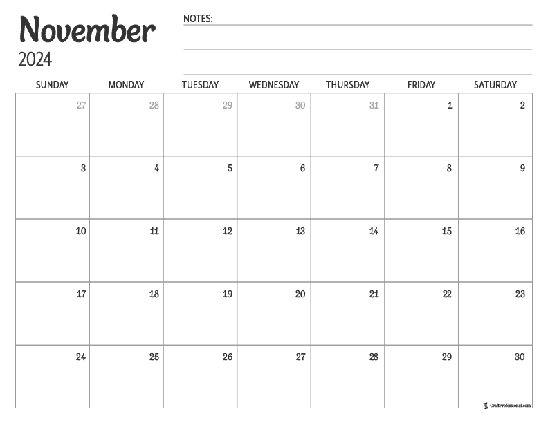 Blank printable calendar for November 2024