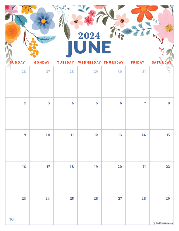 June printable calendar vertical orientation, floral design