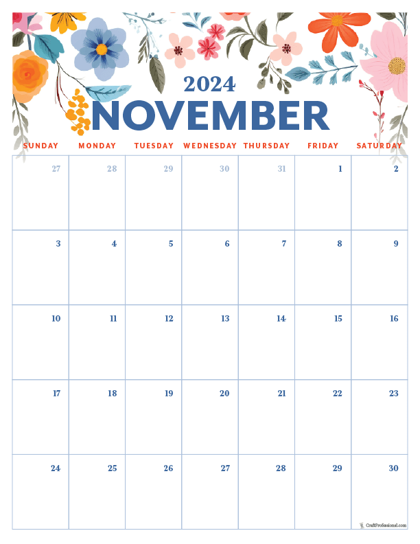 November printable calendar vertical orientation, floral design