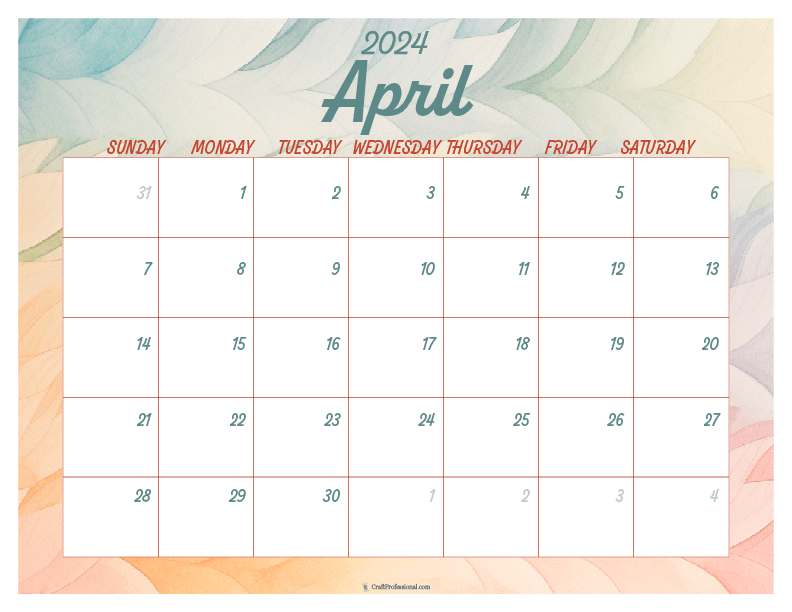 April printable calendar with abstract watercolor design