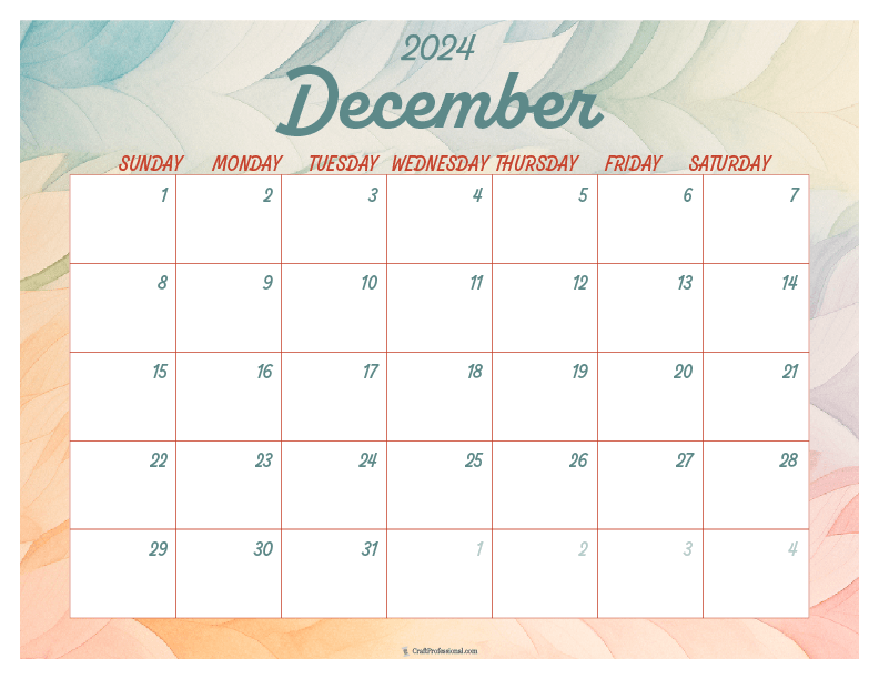 December printable calendar with abstract watercolor design