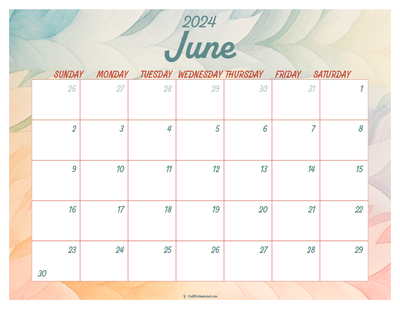 June printable calendar with abstract watercolor design