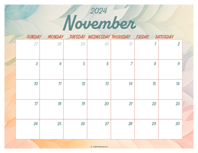 November printable calendar with abstract watercolor design