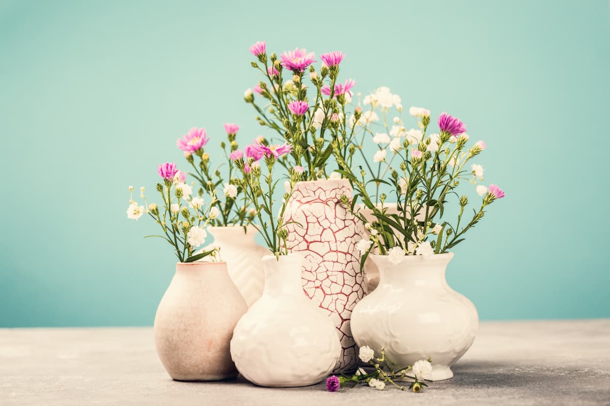 Dried flowers in handmade vases.