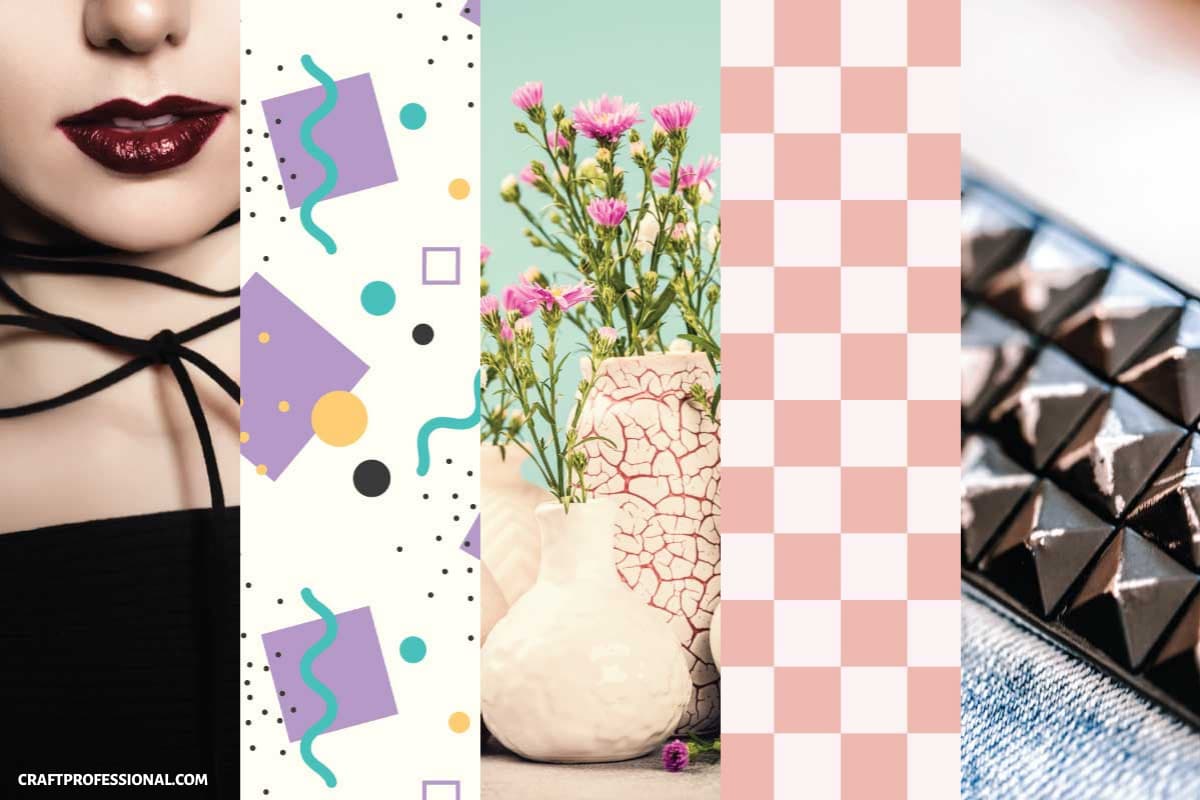 Collage of trends for 2022 including goth woman, Memphis style pattern, dried flowers in handmade vases, pastel checkerboard pattern, and wide studded belt.